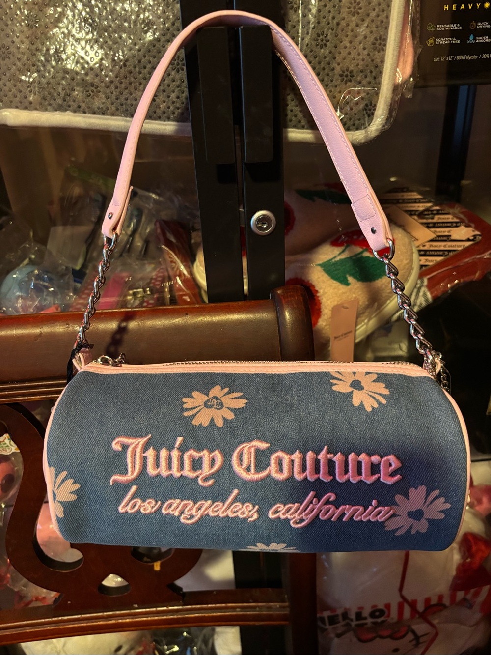 Juicy Couture Denim Mini Shoulder Bag with Pink Floral Embroidery